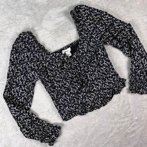 Japna‎ Women's Floral Puff Sleeve Smocked Crop Top Sz M Black White Cottagecore